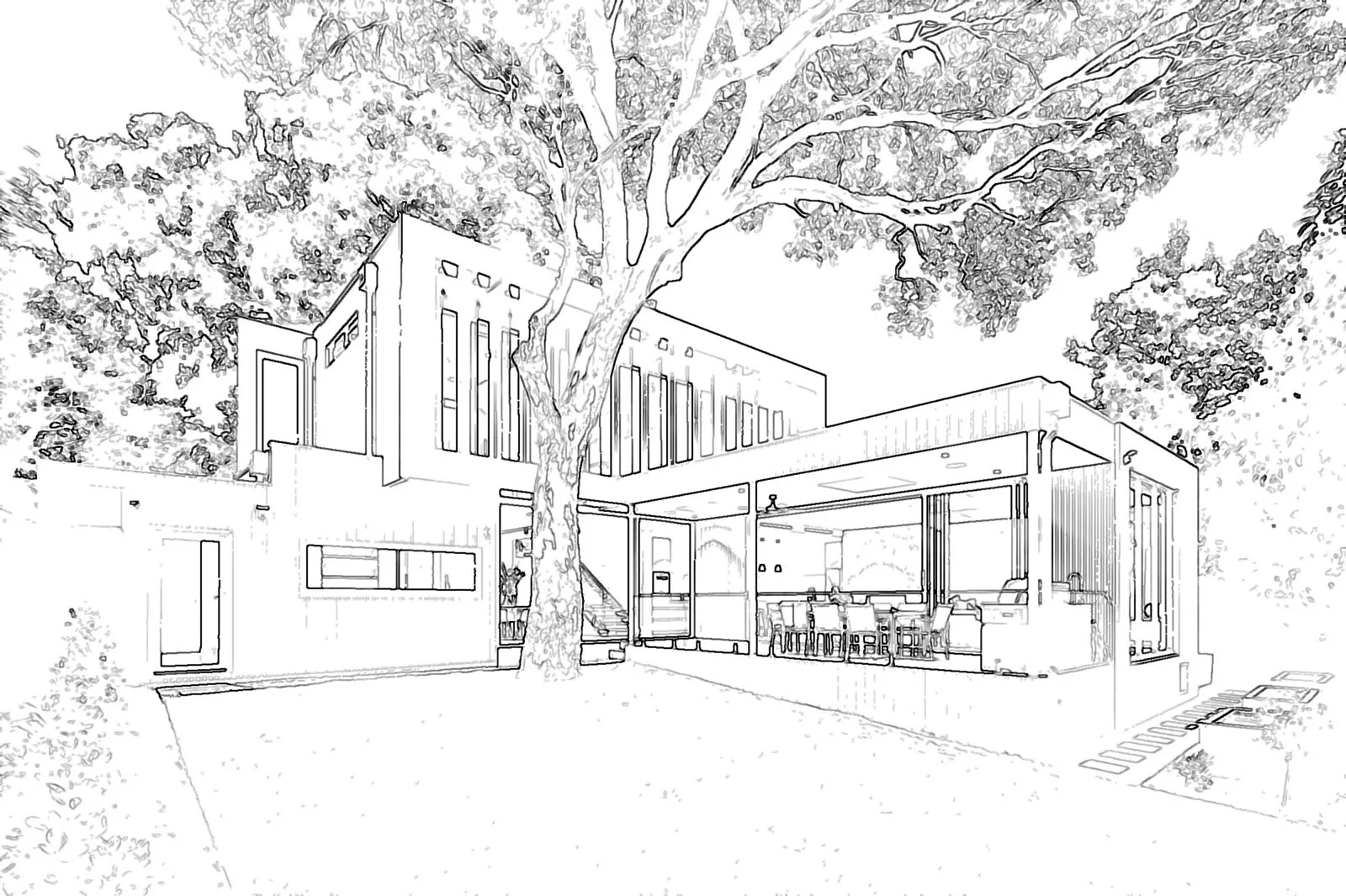 Architektonická čiarová kresba moderného domu